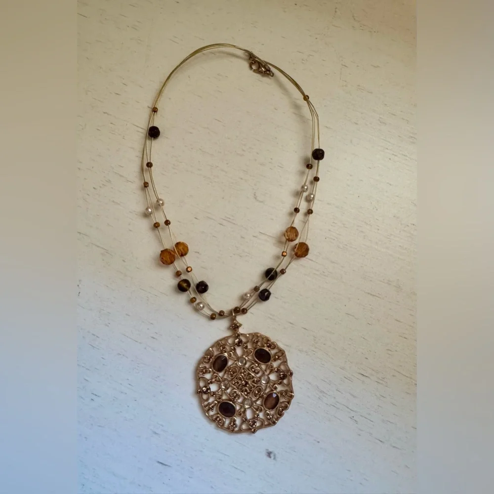 Gold Filigree Medallion Multi-Strand Necklace Boho Chic Statement